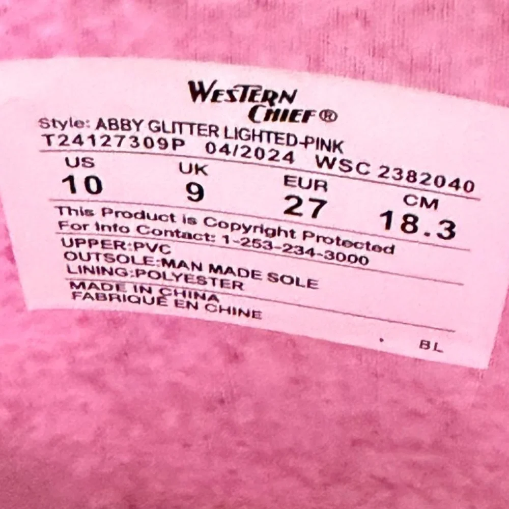 Western Chief Lighted Pink‎ Glitter Boots Size 10